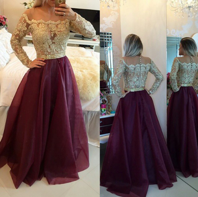 Gorgeous burgundy organza long sleeve lace prom dress, graduation dresses