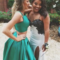 Chic A-line 2 piece satin green long prom dress, formal evening dress - Thumbnail 2