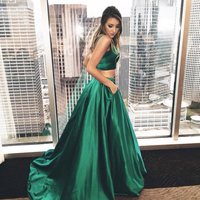 Chic A-line 2 piece satin green long prom dress, formal evening dress - Thumbnail 3