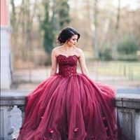 Sweetheart  burgundy tulle long prom gown with flowers ,2017 new style fashion evening gowns for teens girls - Thumbnail 1