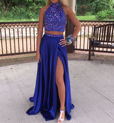 Handmade cobalt blue 2 pieces long prom dress,A-line satin beading evening dresses