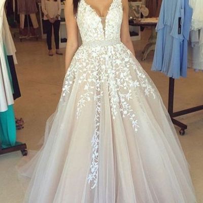 Elegant a-line tulle lace long prom gown,formal dresses