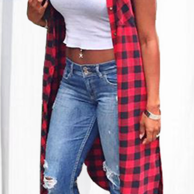 Stylish mandarin collar plaid red polyester waistcoat     