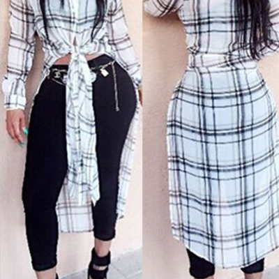 Leisure turndown collar long sleeves plaid white chiffon shirts