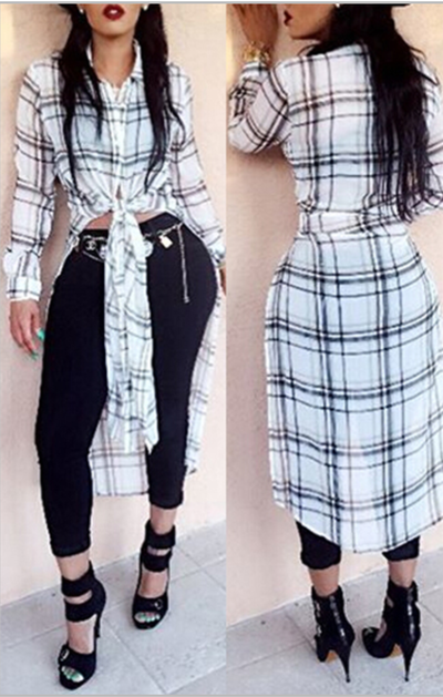 Leisure Turndown Collar Long Sleeves Plaid White Chiffon Shirts