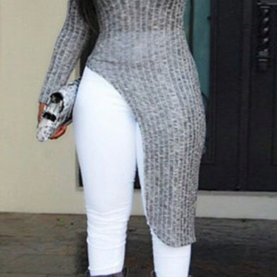 Fashion o neck long sleeves grey cotton blends pullovers