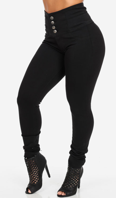 Stylish High Waist Button Fly Black Denim Skinny Jeans