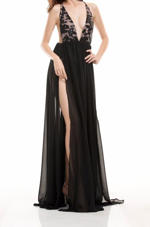 Black Sequined Maxi Slit Elegant Dress