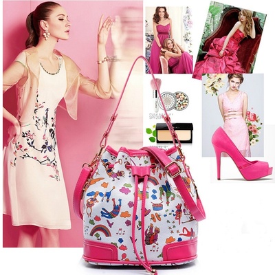 Women Bucket Shoulder Bag Handbag Crossbody Drawstring Stamp Bag