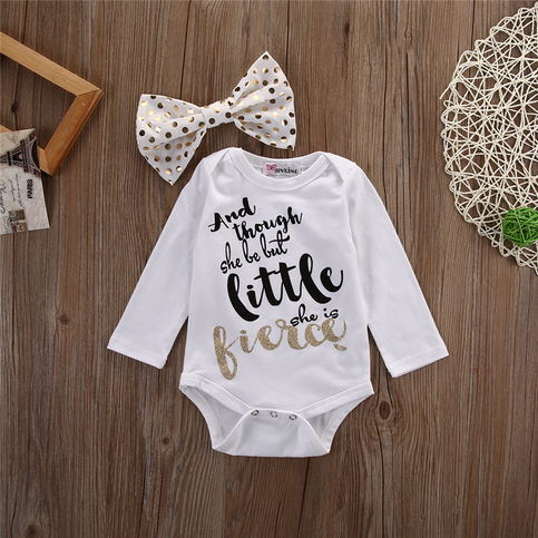 And Though She Be But Little She Is Fierce Onesie and Bow 2 Piece Set