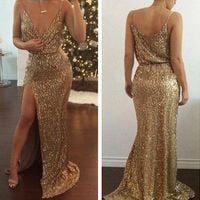 Sexy gold sequins long prom dress,formal dresses - Thumbnail 1