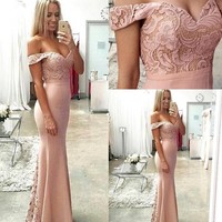Pretty off shoulder dusty Pink long prom dress,evening dresses - Thumbnail 1