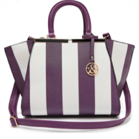 "Jane" Two Tone Stripe Accented Top Handle Satchel Bag With Strap - Thumbnail 3