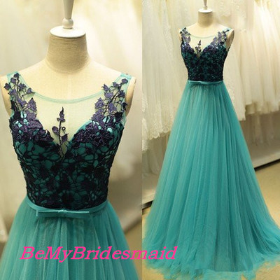 Beautiful long a-line tulle prom gown with lace appliques, prom dresses