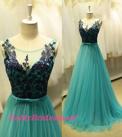Beautiful Long A-line Tulle Prom Gown with Lace Appliques, Prom Dresses