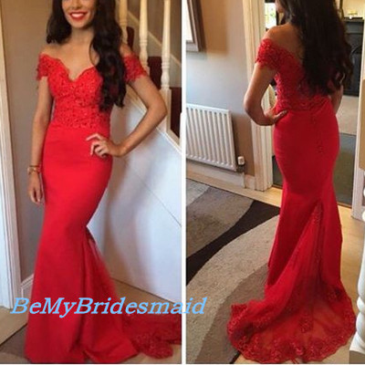 Lovely red spandex off shoulder mermaid party gowns, red party gowns, evening dresses