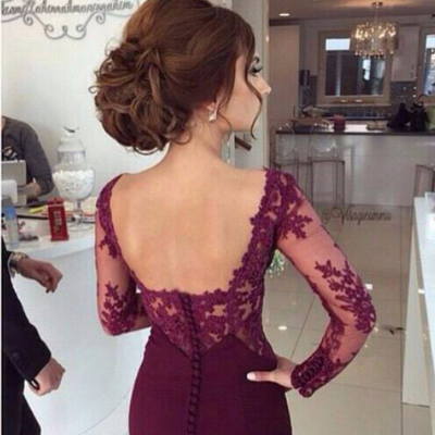 Stylish mermaid maroon prom dresses ,long sleeve lace evening dresses