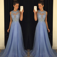 A-line sleeveless beading floor-length lilac chiffon prom dresses ,evening dress - Thumbnail 1