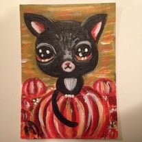 black cat in a pumpkin patch ACEO