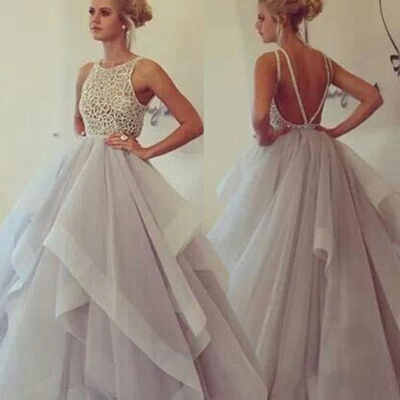 Elegant prom dress unique backless scoop sleeveless champagne tulle a-line prom party dress with sweep train