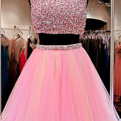 Mini short homecoming dress cute jewel two pieces beading pink homecoming dress
