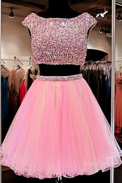 Mini Short Homecoming Dress Cute Jewel Two Pieces Beading Pink Homecoming Dress