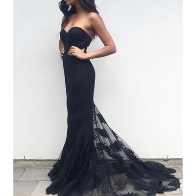 Black sweetheart neck lace long prom dress,formal gown