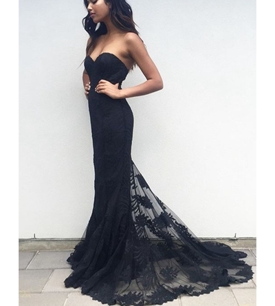 Black sweetheart neck lace long prom dress,formal gown
