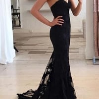 Black sweetheart neck lace long prom dress,formal gown - Thumbnail 1
