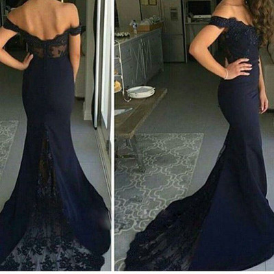 Navy blue mermaid lace off shoulder long prom dress with train,evening dresses