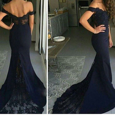 Navy blue mermaid lace off shoulder long prom dress with train,evening dresses