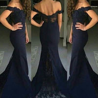 Navy blue mermaid lace off shoulder long prom dress with train,evening dresses - Thumbnail 1