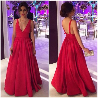 Elegant red satin v-neck long prom dress,evening dresses - Thumbnail 5