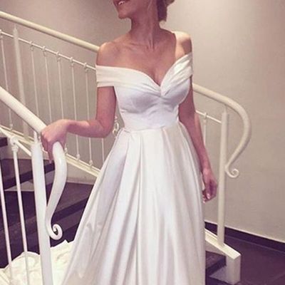 Simple white satin off shoulder long prom dress with train,woman fashion dress - Thumbnail 5