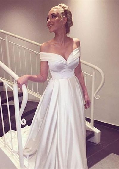 Simple white satin off shoulder long prom dress with train,woman fashion dress