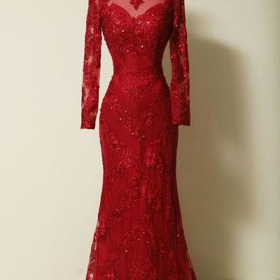 Elegant long sleeves red lace appliques mermaid prom dress, simple party dress,evening dress