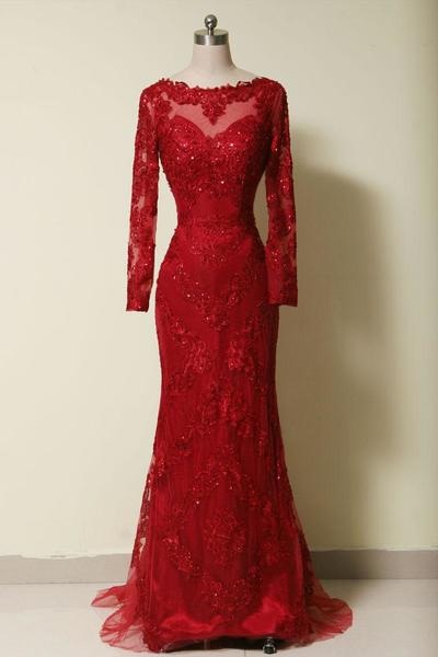 Elegant Long Sleeves Red Lace Appliques Mermaid Prom Dress, Simple Party Dress,Evening dress