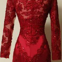 Elegant Long Sleeves Red Lace Appliques Mermaid Prom Dress, Simple Party Dress,Evening dress - Thumbnail 1