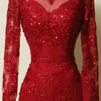 Elegant Long Sleeves Red Lace Appliques Mermaid Prom Dress, Simple Party Dress,Evening dress - Thumbnail 2
