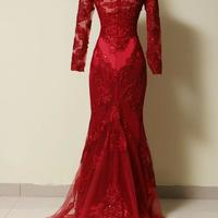 Elegant Long Sleeves Red Lace Appliques Mermaid Prom Dress, Simple Party Dress,Evening dress - Thumbnail 3