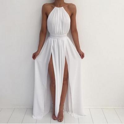 White halter simple a-line backless long prom dress , chiffon evening dress
