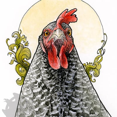 "glorious 'dee", chicken ink & watercolor painting