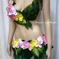Hula Island Girl Orchid Flower Bra and Skirt Cosplay Dance Costume Rave Bra Halloween Burlesque - Thumbnail 1