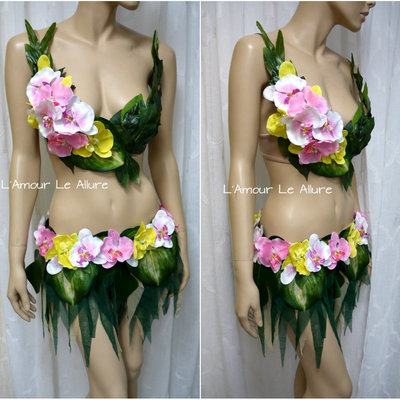 Hula island girl orchid flower bra and skirt cosplay dance costume rave bra halloween burlesque