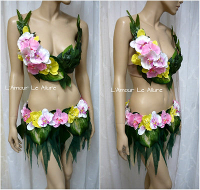 Hula Island Girl Orchid Flower Bra and Skirt Cosplay Dance Costume Rave Bra Halloween Burlesque
