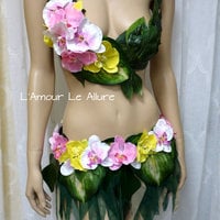 Hula Island Girl Orchid Flower Bra and Skirt Cosplay Dance Costume Rave Bra Halloween Burlesque - Thumbnail 2