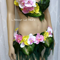 Hula Island Girl Orchid Flower Bra and Skirt Cosplay Dance Costume Rave Bra Halloween Burlesque - Thumbnail 3