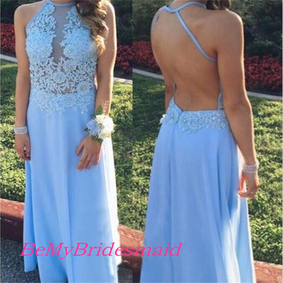 Beautiful blue backless halter long prom dresses 2017, blue party dresses, blue formal gowns
