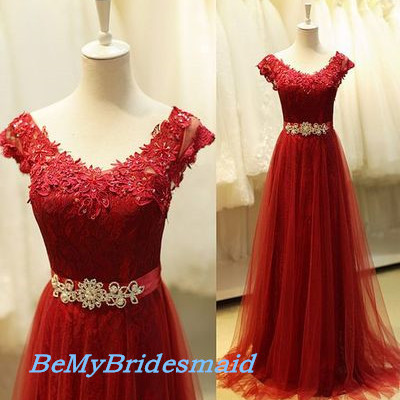 Lovely wine red tulle and lace floor length prom dresses, burgundy party dresses, evening gowns