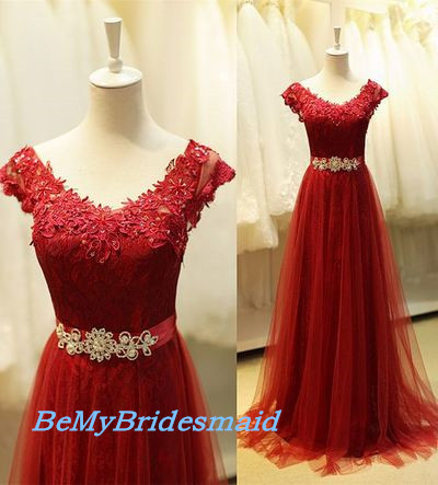 Lovely Wine Red Tulle and Lace Floor Length Prom Dresses, Burgundy Party Dresses, Evening Gowns